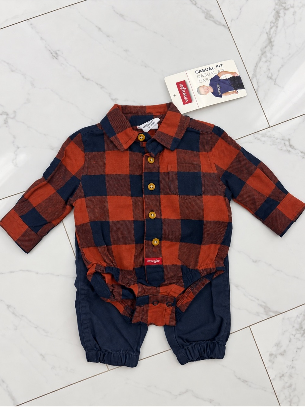 Wrangler Orange & Navy Plaid Baby One-Piece Romper